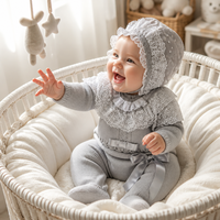 KAIYUE Combinaison en coton pour bébé, tricotée sur mesure, pour nouveau-né, avec col en dentelle argentée ornée, barboteuse à pieds, layette avec bonnet, couverture et nœud