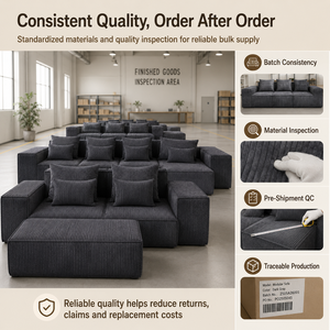 Ensemble modulaire sectionnel moderne compressé sous vide, canapé en tissu velours côtelé gris en forme de L avec ottoman pour salon - Product Image 2