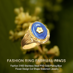 Fashion <b>Ring</b> 316L Stainless Steel PVD Gold Plating Blue Enamel Flower Design Oval Shape <b>Statement</b> Jewelry - Product Image 3