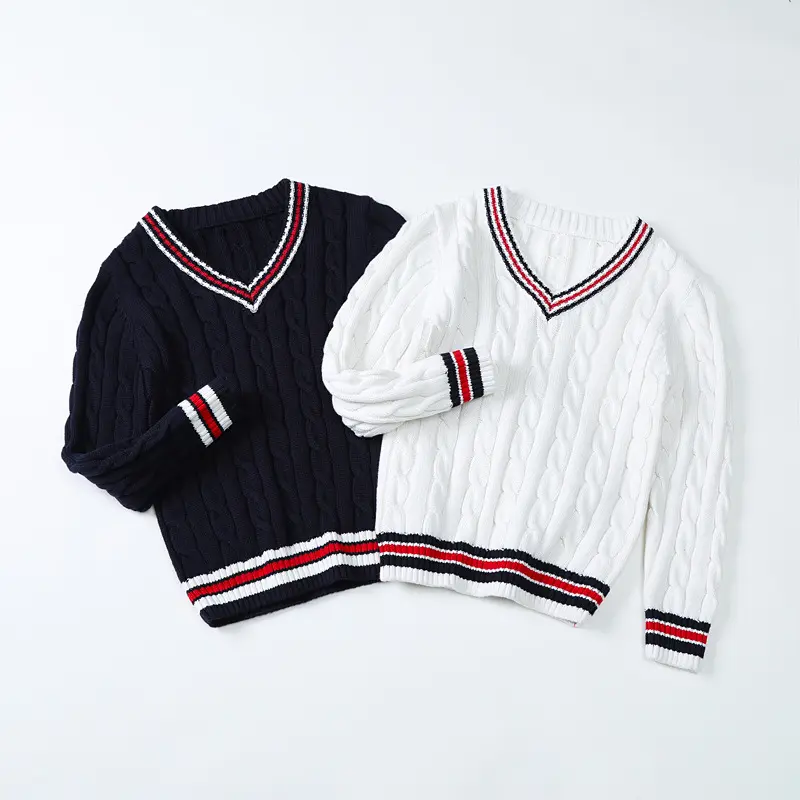 Blusa de algodão tricotada para crianças, pulôver infantil estilo Preppy outono primavera com decote em V, suéter para meninos e adolescentes, moda de 2024