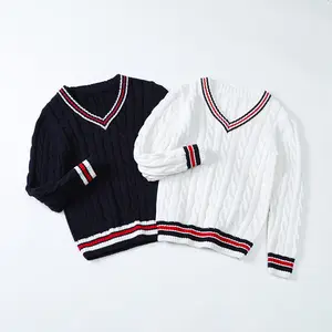 2024 Preppy Style Autumn Spring Children Outwear V-neck Pullover Cotton Knitted Kids Teenagers Boys Sweater