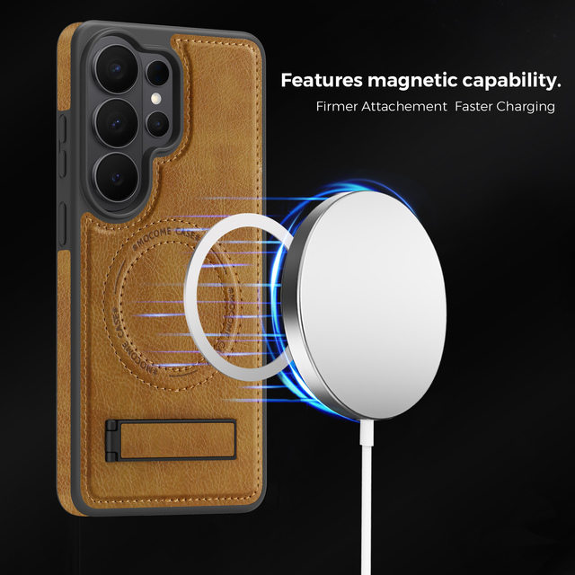 For Samsung S26 Ultra Phone Case Stand Magnet Wireless Charging Frosted Feel Luxury Faux Leather S25 Plus S24 S23 S22