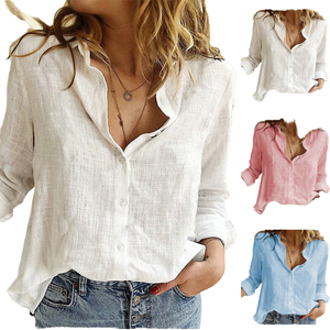 Damen Schmal Geschnittenes Baumwoll-Leinen V-Ausschnitt-Shirt mit Krempelärmeln, Langärmlig, Einfarbig, Geknöpft, Lässiges Modisches Crop-Top für den Herbst - Product Image 4