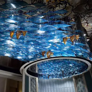 Modern Beautiful Art restaurant Ceiling chandelier Indoor Hanging Blue Fish Glass Pendant Light