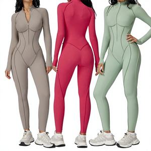 Women High Quality Bright Color 2 Piece Yoga Bodysuit V-Neck Long Sleeves Half Zip Backless Tight Butt Lift Spandex/Polyester - Product Image 1