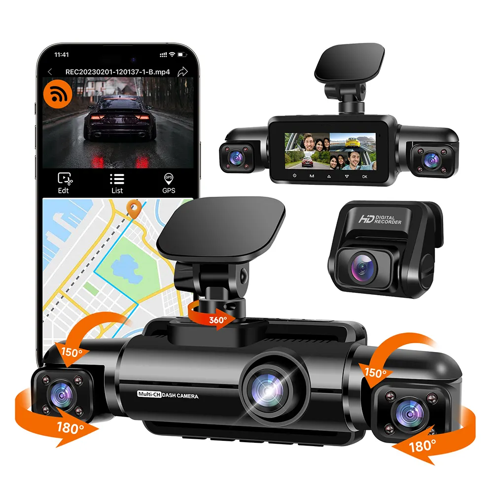 Listo para enviar 4 canales Dashcam 1080P WiFi incorporado GPS Control de voz Dash Cam Cámara para automóvil
