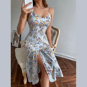 Robes d'été à cordon de serrage robe une pièce femmes Ruched Bust Slit Ruffles Hem Fresh Ditsy Long Floral Maxi Dress Printed