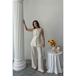 Conjunto de chaleco y pantalón de lino para mujer, sin mangas, pantalón de pierna ancha, atuendo informal, estilo veraniego - Product Image 6
