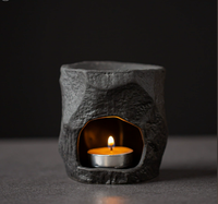 Brûleur d'arômes en céramique noire texturée effet pierre, design grotte, pour bougies chauffe-plat, huiles essentielles et cires fondantes, décoration Wabi Sabi