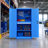 Armoire de rangement haute en acier sur mesure pour outils, avec compartiments verrouillables, panneau perforé et 1 tiroir pour postes de travail