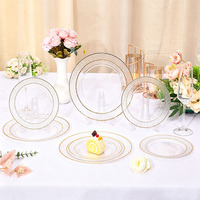 Assiettes en plastique transparentes avec ensemble de couverts dorés martelés pour mariages et fêtes, robustes