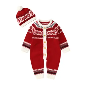 सर्दियों बच्चे Rompers क्रिसमस लवली प्यारा पैटर्न बच्चे को कपड़े के साथ गेंद टोपी लाल लंबी आस्तीन बुना हुआ Rompers