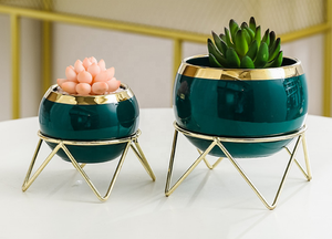 <span class=keywords><strong>Mini</strong></span> <span class=keywords><strong>pot</strong></span> de fleurs en céramique de porcelaine pour plantes succulentes, décoration de jardin intérieur/extérieur, avec support géométrique en métal doré et drainage - Product Image 4