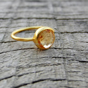 925 Sterling Silver Indian Vermeil Jewelry Handmade Classic Gold-Plated Ring Citrine Quartz Mariages Fêtes Anniversaires - Product Image 1
