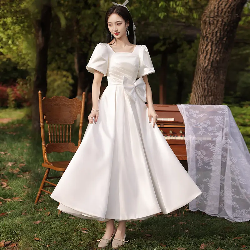 Banquet Engagement Dress French Satin White Princess Wedding Dress Gown Light Wedding Reception Dress For Bride