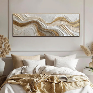 Peinture abstraite en plâtre à effet vague sur toile, grande, longue et large, blanche, or, argent, texturée, art mural panoramique de luxe avec feuille d'or - Product Image 1