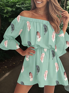 Vestido Casual de Verano para Mujer, con Hombros Descubiertos, Estampado de Plumas, Largo hasta la Rodilla, Corte en A, Manga Acampanada, Lavable - Product Image 1