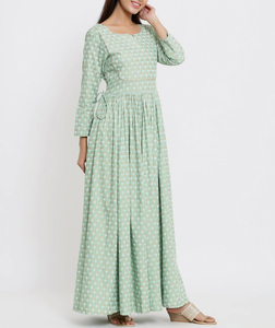Abito lungo da donna in tessuto naturale, verde, ecologico, casual, stampato, con scollo rotondo, maniche <span class=keywords><strong>a</strong></span> <span class=keywords><strong>tre</strong></span> quarti, fodera e orlo <span class=keywords><strong>a</strong></span> campana. - Product Image 4