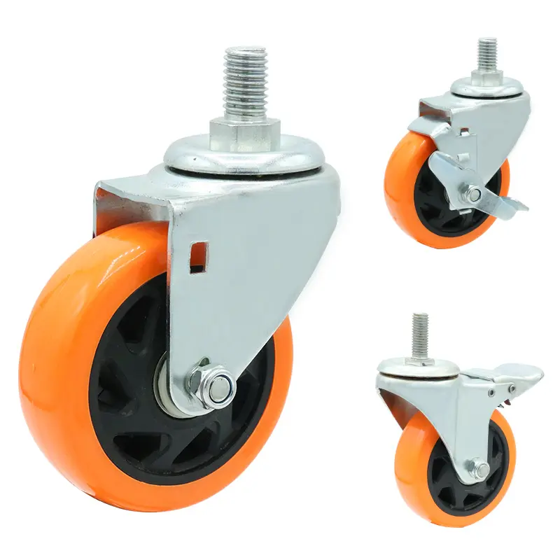 3/4/5 inch medium duty double bearing orange pu caster 4 inch wheels with swivel with brake