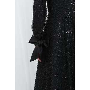 Elegante Vestido de Noche de Satén con Lentejuelas para Mujer, Cuello Alto, Corte en A, Detalle de Lazo, Hecho a Mano, Color Azul Marino 17014ELB - Product Image 5