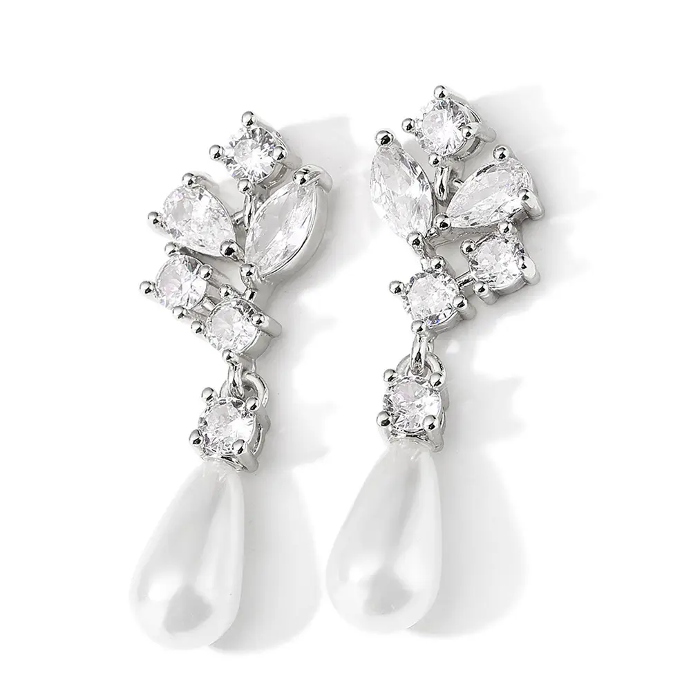 Leichte Luxus Wasser tropfen Perle Neueste Design von Zirkonia Ohrringe Großhandel Frauen Silber Braut Diamant Ohrringe