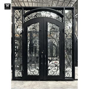ประตูเหล็กหล่อพร้อมกระจกนิรภัยสำหรับวิลล่า<span class=keywords><strong>บ้าน</strong></span>ประตูเหล็กหล่อฝรั่งเศสแบบโค้งคิ้วสุดหรู - Product Image 1