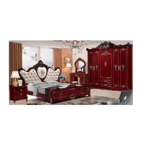 European leather main bed double luxury solid wood bed Carved 1.8m princess bed big wardrobe and dress