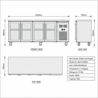 Réfrigérateur commercial sous comptoir avec 4 portes en verre, plan de travail en acier inoxydable, avec roulettes pour restaurant, bar