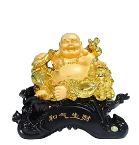 24k金色树脂雕像坐着幸运笑佛像拿着中国元宝定制可接受