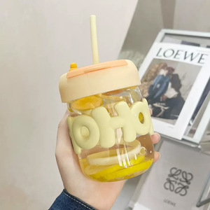 Vaso de Vidrio con Doble Pajita, Vaso de Agua Portátil de Verano para Chicas, Bonitas Tazas de Café con Leche - Product Image 4