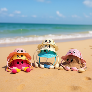 Sombrero de paja con diseño de cara sonriente de dibujos animados para niños, sombrero ajustable con protección solar para el verano, ropa de playa - Product Image 3