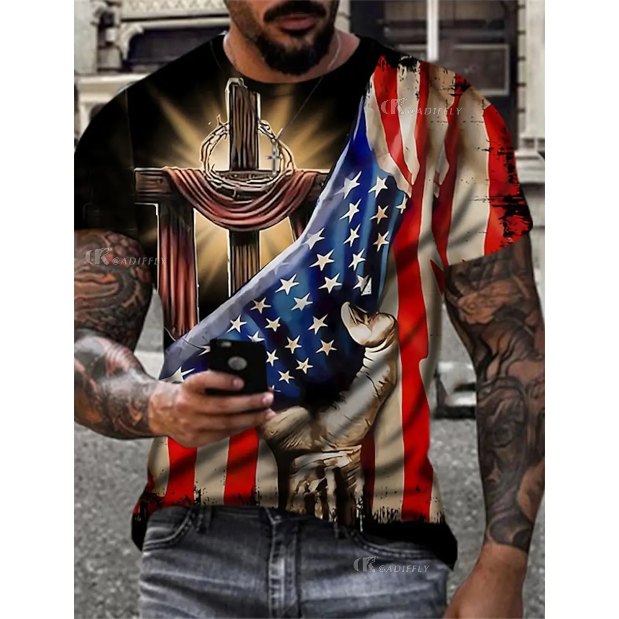 Brand New Men's T-shirt National Flag Printing Round Neck Apparel Casual Outdoor Athletic Blouse Oversize Short Sleeve T-shirt