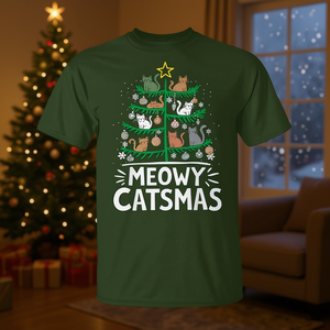 Camiseta Meowy Catmas con diseño de árbol de Navidad y gato de Santa Claus - Product Image 3