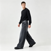 Jean Wave Pocket pour homme, denim délavé bleu marine foncé, coupe ample à jambe large, taille non finie, cinq poches, pour un usage quotidien