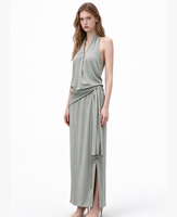 Gaun Maxi Wanita Halter V-Neck Tanpa Lengan dengan Ikat Pinggang dan Belahan Samping