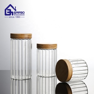 Proveedor de fábrica, tarros de almacenamiento con diseño de rayas de borosilicato alto, tarro de vidrio hermético <span class=keywords><strong>para</strong></span> <span class=keywords><strong>cocina</strong></span> con tapa de madera <span class=keywords><strong>para</strong></span> alimentos - Product Image 1