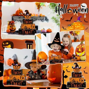 Decoración <span class=keywords><strong>de</strong></span> Halloween para el hogar: Bloques <span class=keywords><strong>de</strong></span> madera apilados con diseño <span class=keywords><strong>de</strong></span> truco o trato, calabaza y sombrero <span class=keywords><strong>de</strong></span> <span class=keywords><strong>bruja</strong></span>, para mesa y bandeja escalonada, estilo rústico - Product Image 5