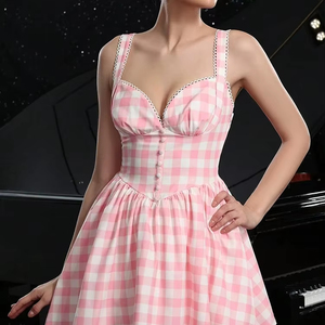 white christmas dresses Garden Tea Party Pink Checkered Babydoll Dress main image 1