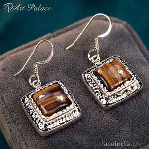 Boucles d'oreilles créoles mode en argent avec pierres précieuses en œil de tigre - Product Image 3