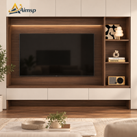 Meuble TV mural intégral, finition bois bicolore crème, éclairage LED doux, rangement intégré, modulaire sur mesure pour salon et villa