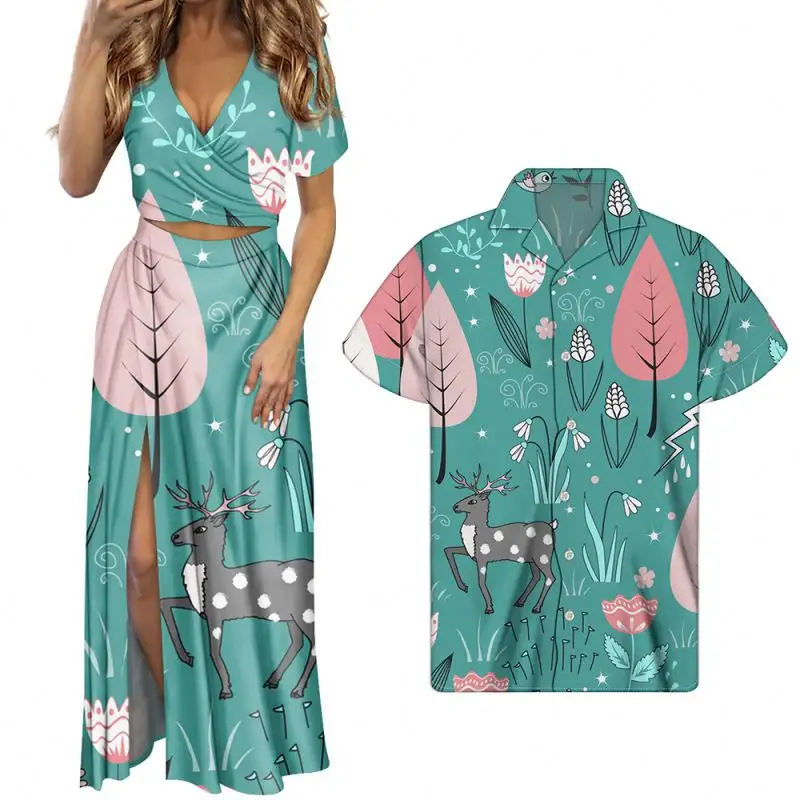 Paren Bijpassende Kleding Polynesische Sexy Jurk Voor Vrouwen Hoeladans Jurk 2 Stuk Set En Hawaiian Shirt Voor Mannen Paar Kleding