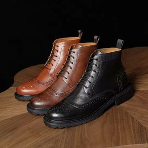 High Top Chelsea Retro Brogue Ankle Boots Rubber Upper Waterproof Slip-On Breathable Round Toe Heightening Feature - Product Image 6
