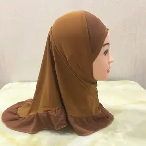 Wholesale beautiful stretchy crystal help instant hijab for Muslim girls Children hijab scarves with ruffled chiffon end