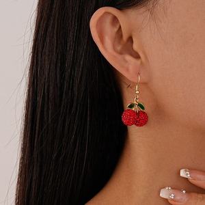 Pendientes de Gancho con Forma de Cereza y Diamantes, Estilo Coreano, Versátiles, Elegantes y Dulces - Product Image 3