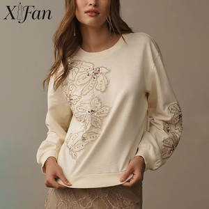 Sweat-shirt unisexe personnalisé 100% coton, col rond, en molleton French Terry, avec perles brodées, coupe ample, épaules tombantes, pour femme - Product Image 1
