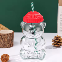 Vaso de vidrio de borosilicato alto con forma de oso, tapa con pajita y gorro, botella portátil para bebidas heladas, jugos y agua para niños, ideal para la vuelta al cole.