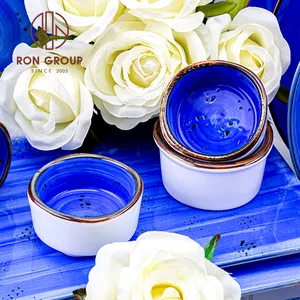 创意时尚设计4英寸活性蓝色陶瓷圆形酱油菜肴蘸碗日本寿司小盘
