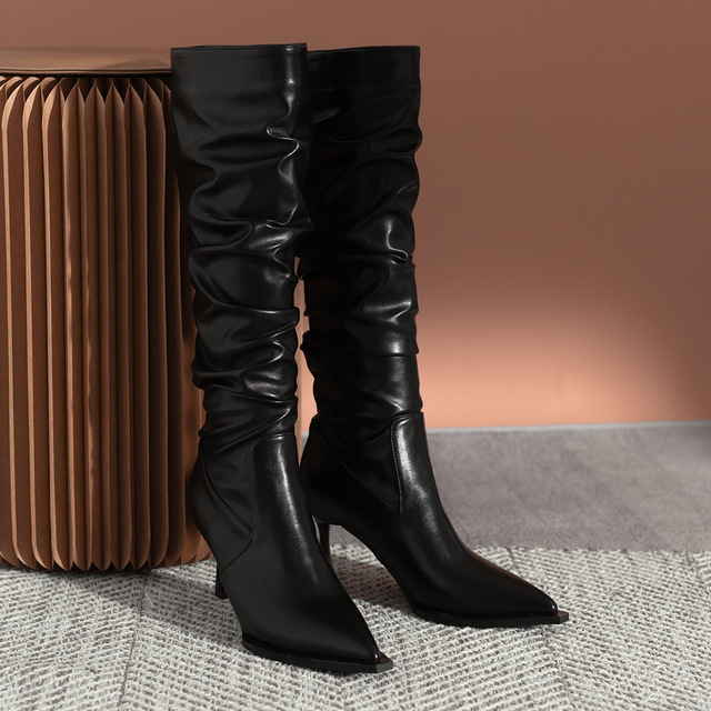 Knee-high Crinkled Boots Vintage Tall Boots Fleece-lined Stiletto High-heeled Boots for Women 2026 Best-selling Style