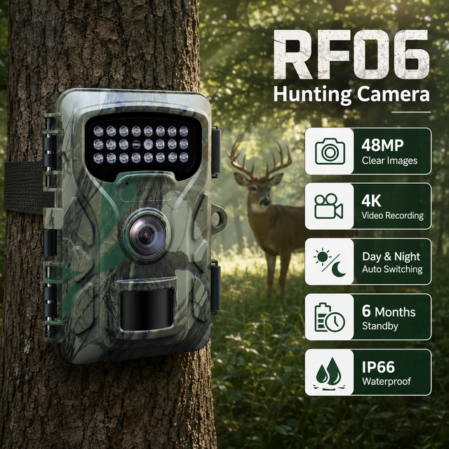 RF06 48MP 4K Hunting Camera IP66 Waterproof Trail Camera with 22pcs 850nm IR LEDs for Wildlife Monitoring