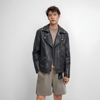 MOQ : 1 pièce |   Personnalisable : Nouvelle veste en cuir pour homme, automne 2025, style motard, en peau d'agneau, fermeture éclair diagonale, doublée et imprimée